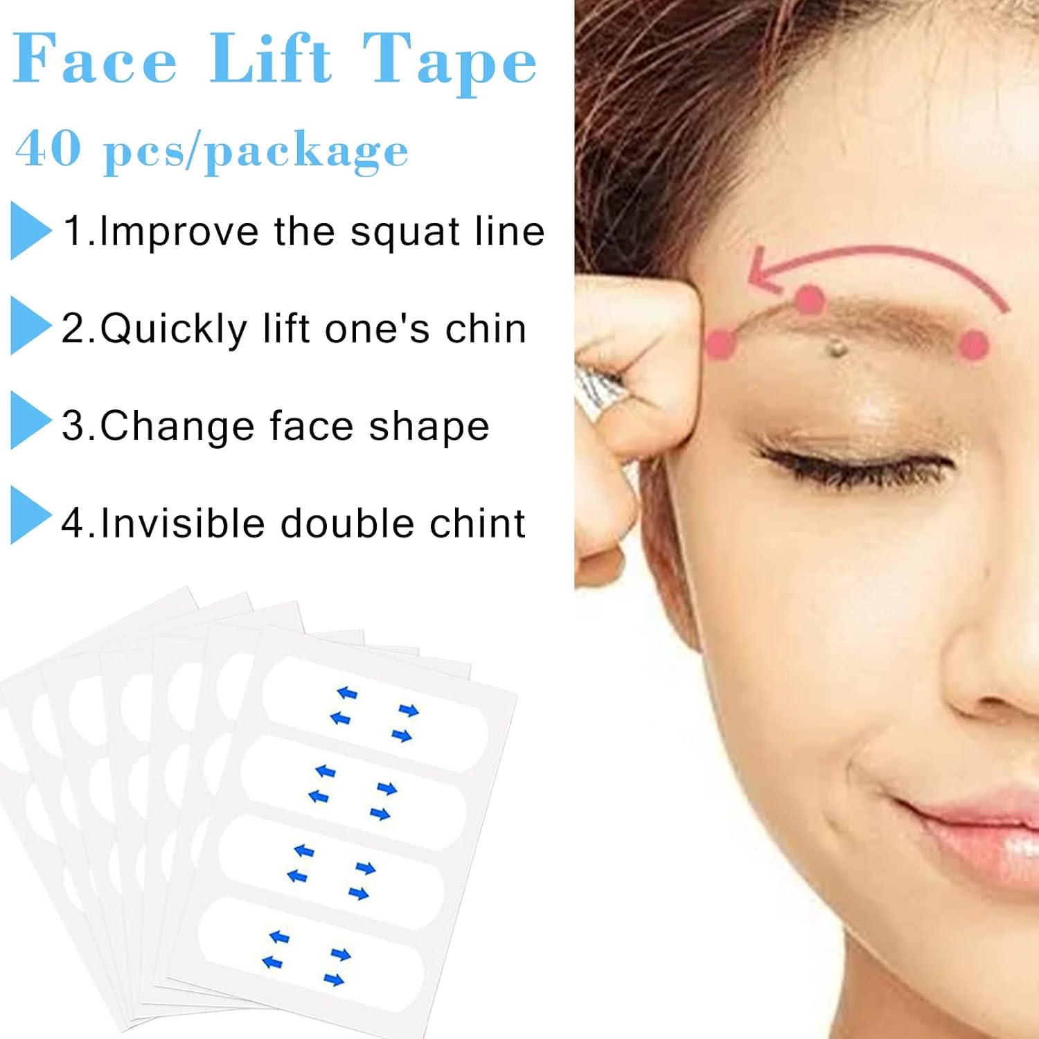 Cinta de estiramiento facial, 40 piezas de calcomanías de elevación para cara, calcomanías de levantamiento instantáneo de cara, invisibles,