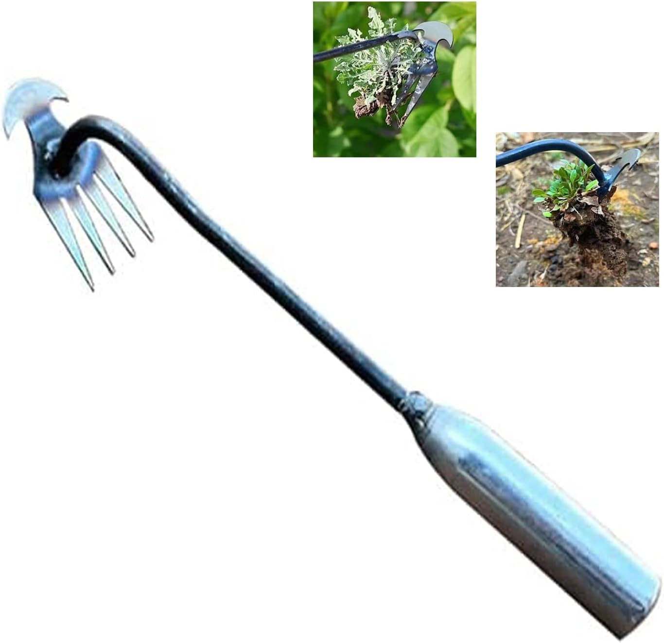 Herramienta de deshierbe de artefacto de desarraigo, extractor de malezas forjado multifuncional de acero inoxidable, 4 dientes de doble propósito