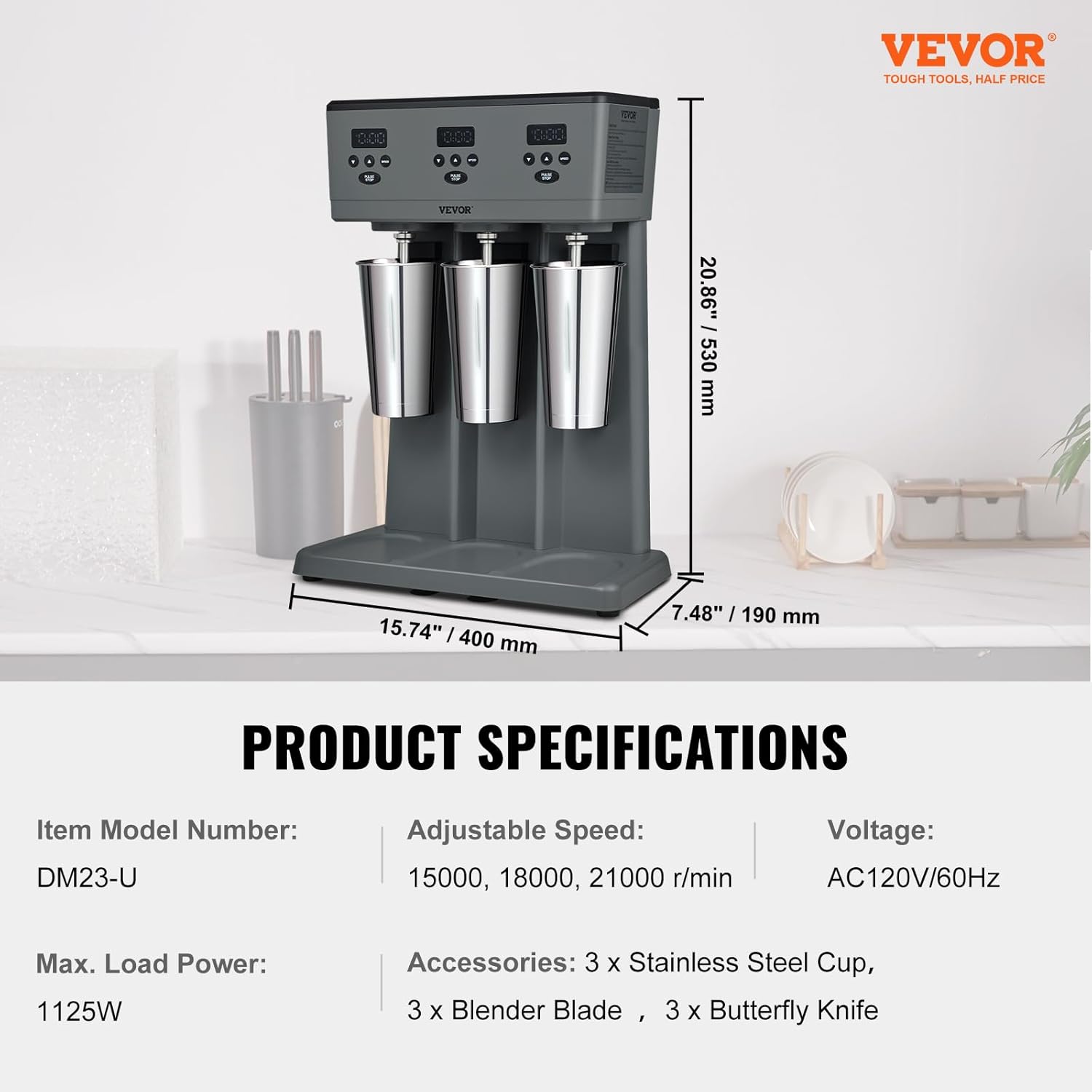 VEVOR Batidora eléctrica de 375 W x 3, mezclador de bebidas comercial de triple cabezal, microinterruptor inteligente LED, mezclador de batido de 3