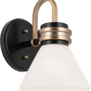 Kichler Farum – Aplique de pared con 1 luz de 9.5 pulgadas con cristal de ópalo en negro con bronce champán Kichler Farum – Aplique de pared con 1 luz de 9.5 pulgadas con cristal de ópalo en negro con bronce champán