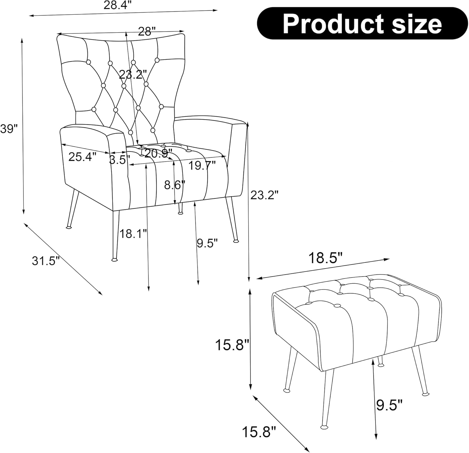 Silla decorativa moderna de terciopelo con otomana, elegante sillón con respaldo de ala con patas de metal dorado, cómodo sofá tapizado individual