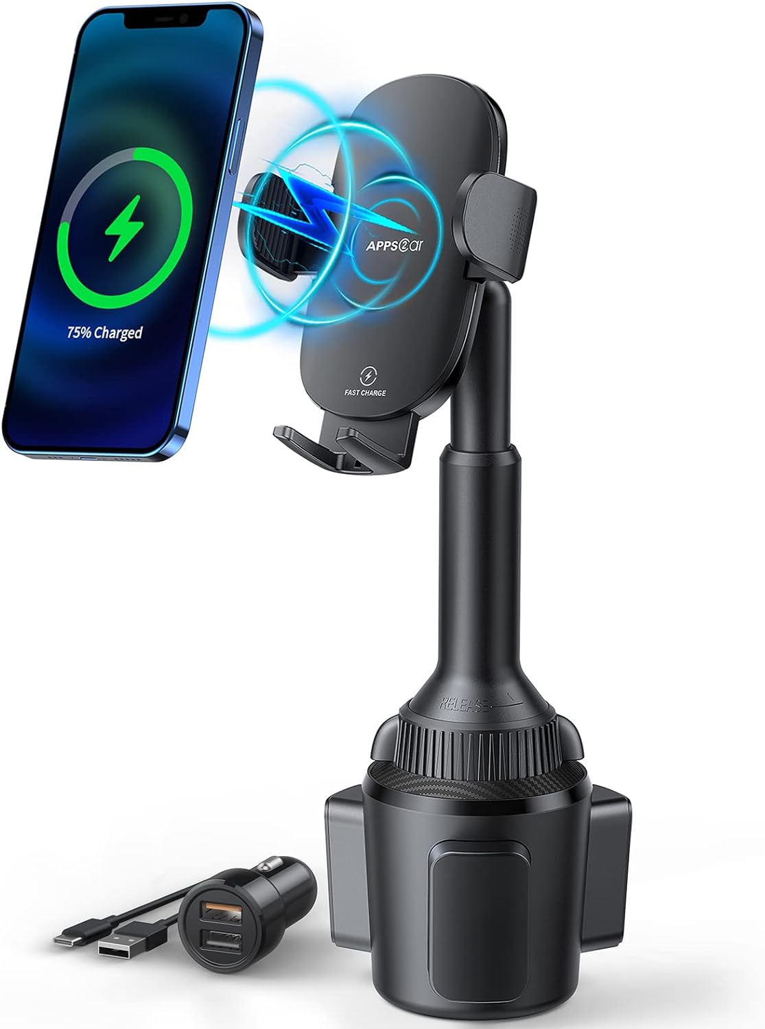 Portavasos Soporte de teléfono Cargador de coche inalámbrico de 15 W Qi de carga rápida Portavasos ajustable Soporte de teléfono para coche con
