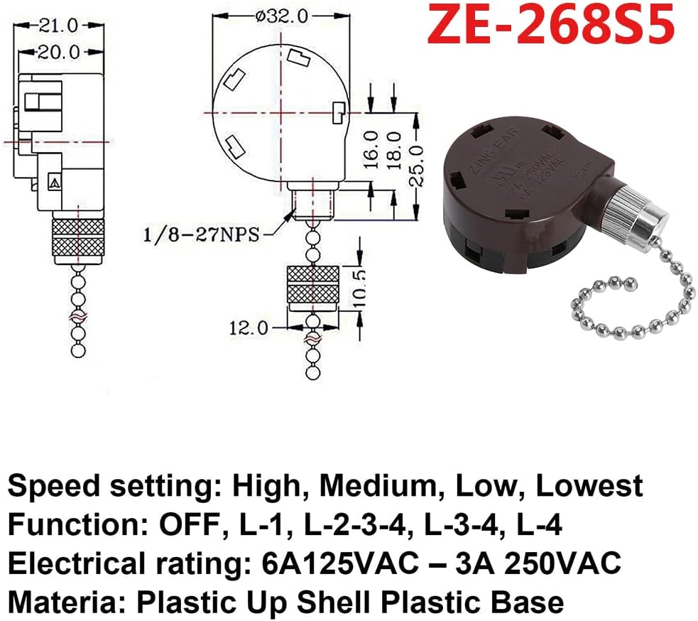 Zing Ear ZE-268S5 – Interruptor de ventilador de techo de 4 velocidades, 5 cables, control de velocidad de repuesto, compatible con ventilador de
