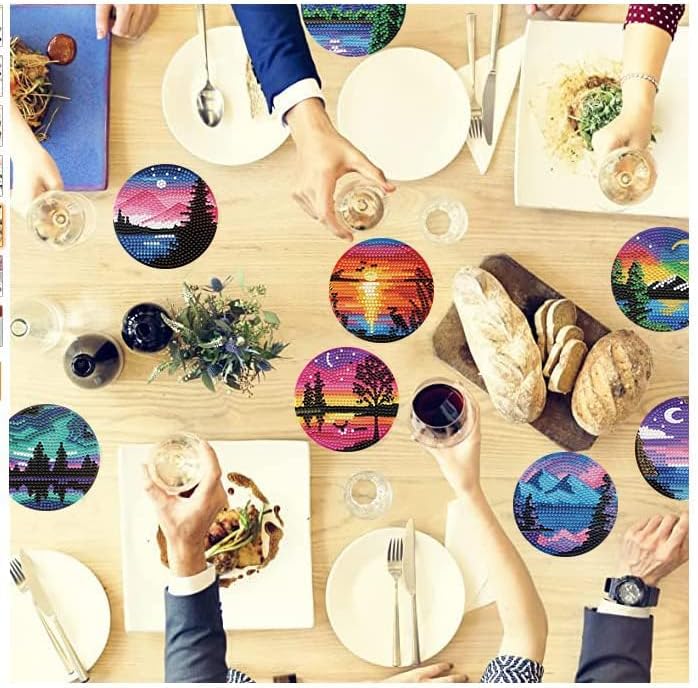eniref Juego de 8 posavasos de pintura de diamantes con soporte, kit de arte de diamantes de imitación de bricolaje para adultos y niños,