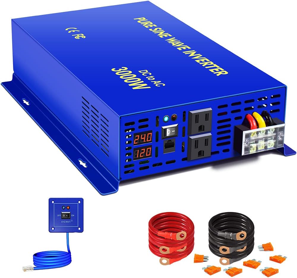 Inversor de corriente de onda sinusoidal pura de 3000 W – 24 V CC a CA 120 V 110 V con controlador de interruptor remoto de cable de 15 pies,