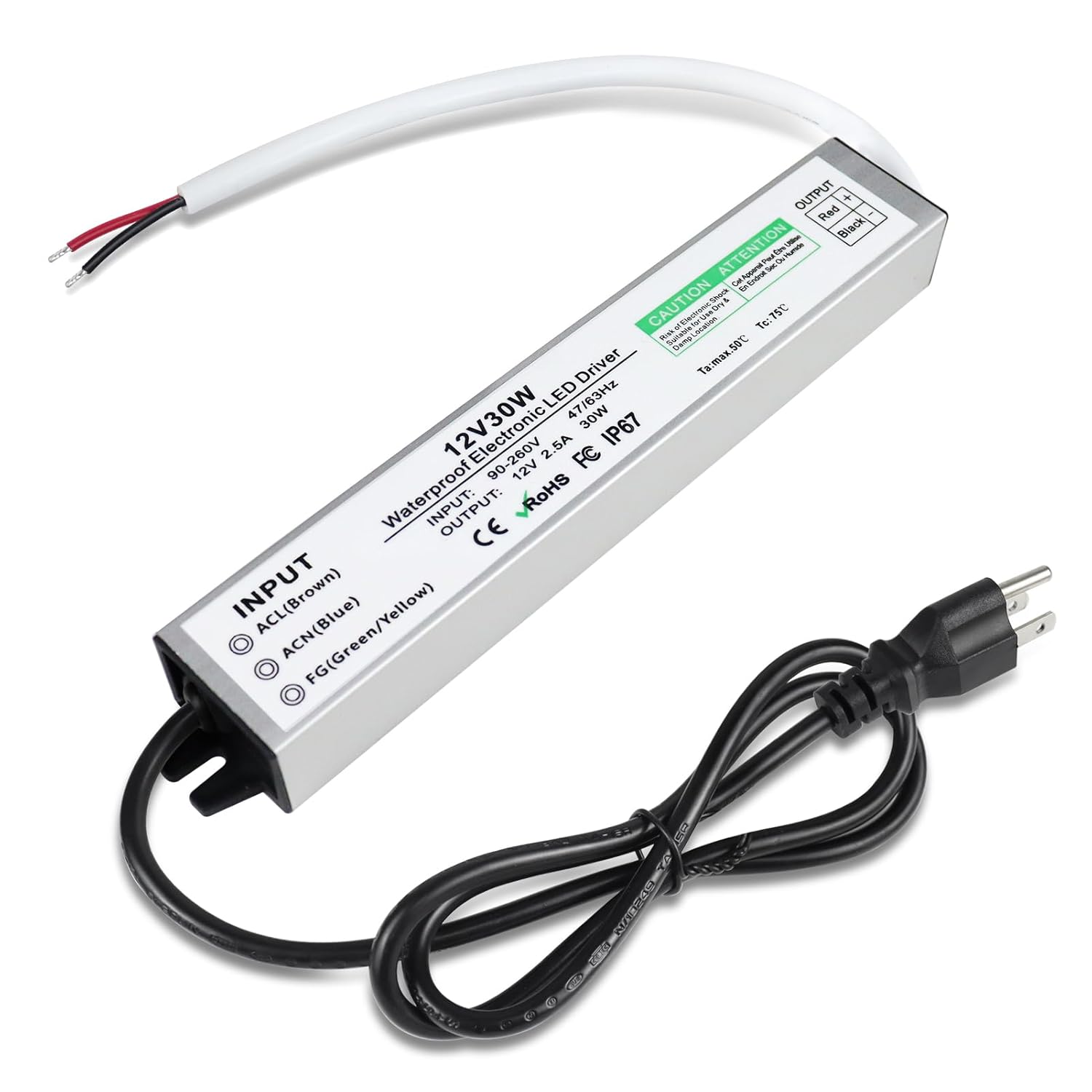 Fuente de alimentación LED de 12 V 30 W, controlador LED IP67 impermeable, transformador LED con enchufe de 3.3 pies de cable para luz LED, proyecto