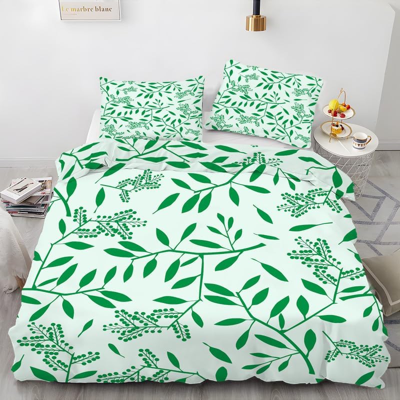 Dark Green Leaves Duvet Cover Full Plant Print Bedding Sets Full Soft Microfiber Comforter Cover and 2 Pillow Shams 20″X26″, Bed Set Duvet Covers