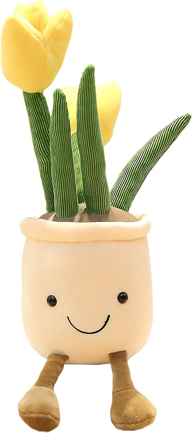 Peluche de tulipán amarillo, almohada de 13.7 pulgadas, linda almohada de flores y plantas, divertido animal de peluche para decoración de