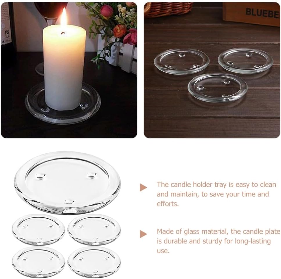 VOSAREA Platos de vela de vidrio transparente, 5 unidades, portavelas, portavelas, pequeñas bandejas redondas para velas, soportes de vela de pilar