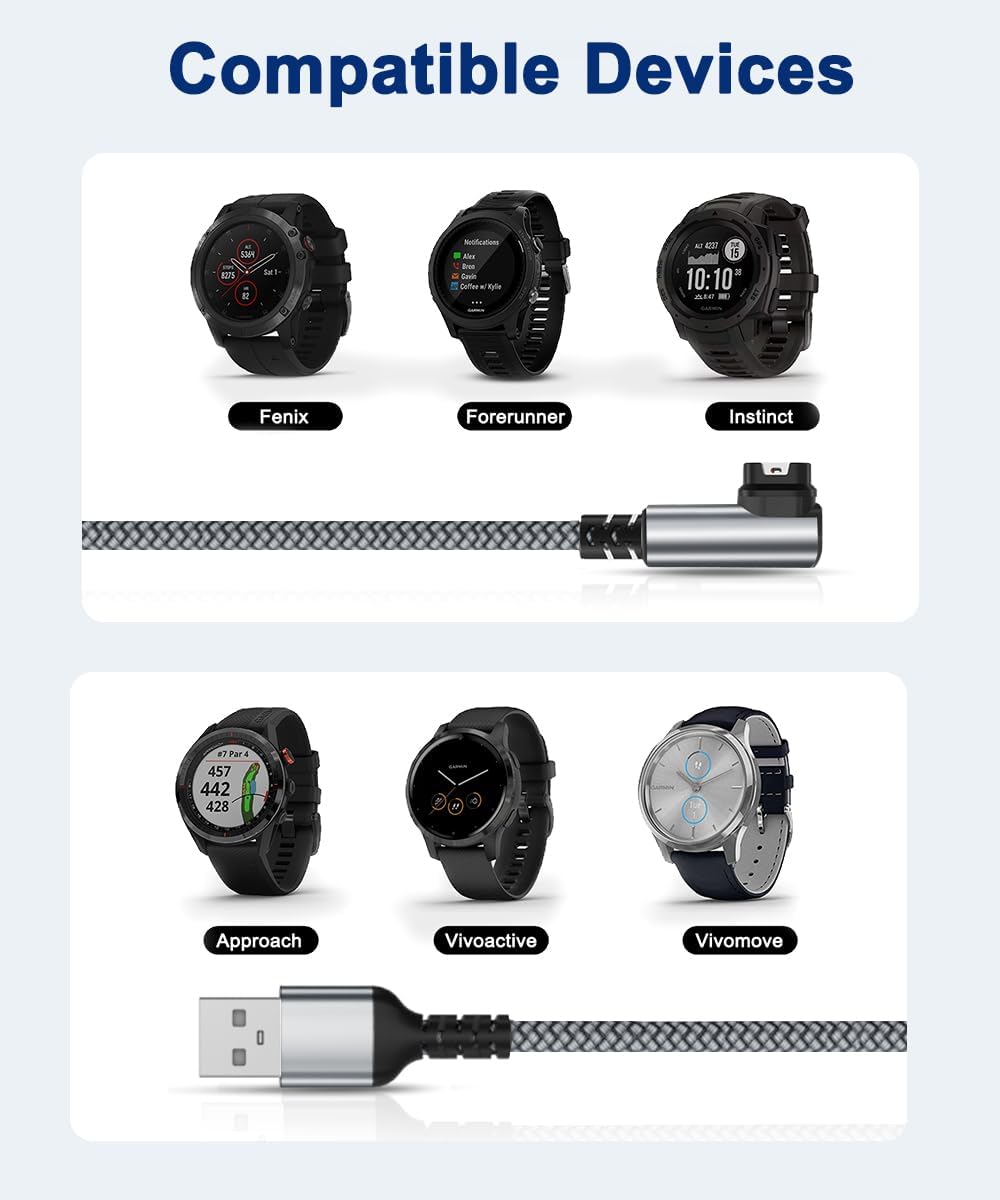 RUXELY Cable de carga en ángulo derecho para Garmin Watch de 4 pies, paquete de 2, cable de alimentación de nailon de 90 grados para Fenix 7 6 5 7X