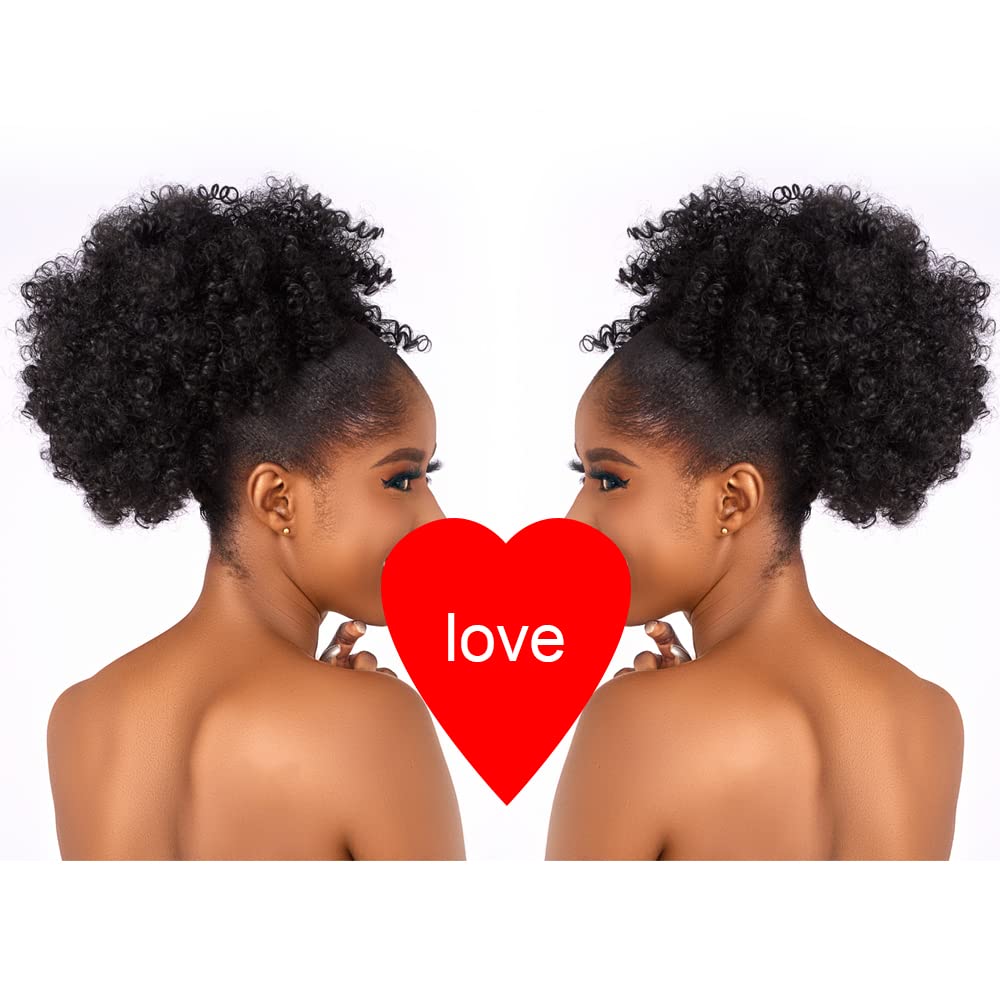 CECINILL Extensión de cola de caballo rizada con cordón para mujeres negras, extensiones de cabello sintético corto afro kinkys rizado con dos clips