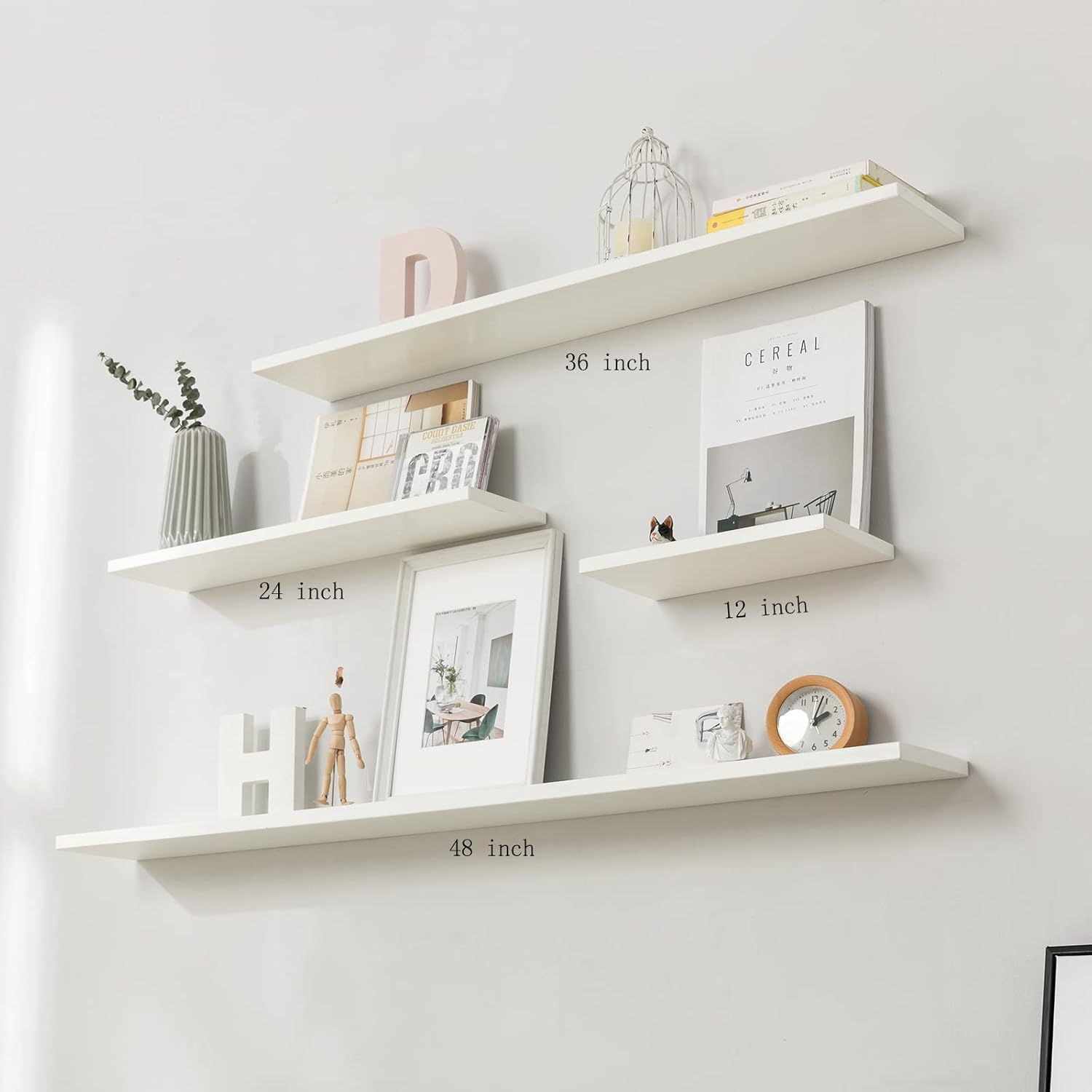 Estante flotante largo de 48 pulgadas blanco para pared, juego de 2, estante flotante de madera natural duradera para dormitorio y baño, fácil