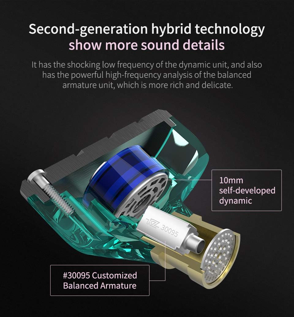KZ ZSN – Auriculares intrauditivos 1BA 1DD estéreo de alta fidelidad, auriculares KZ de alta resolución con cable desmontable de 0.030 in de 2 pines