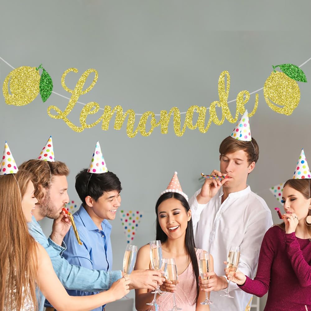 Cartel de limonada, decoración de soporte de limonada dorada con purpurina, guirnalda temática de limón, suministros para fiesta de cumpleaños de