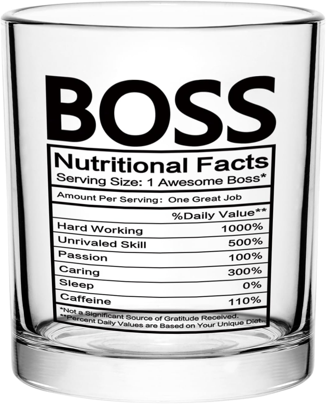 Futtumy Regalos para jefes para hombres, vaso de whisky con datos nutricionales, divertido regalo de oficina, regalo del día del jefe, regalo de