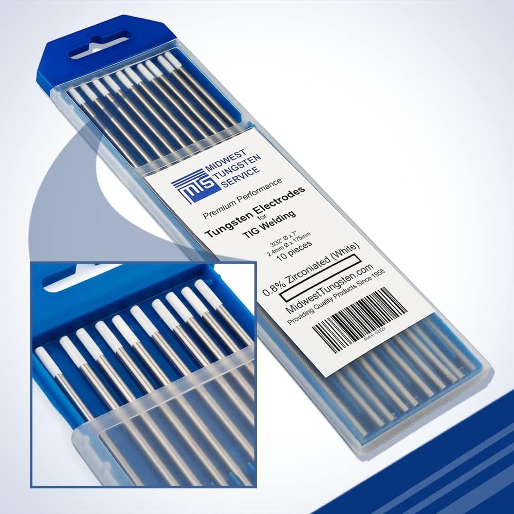 Midwest Tungsten Service TIG Electrodos de soldadura de tungsteno paquete de 10 unidades(blanco – 0,8% circonio, 332 pulgadas)