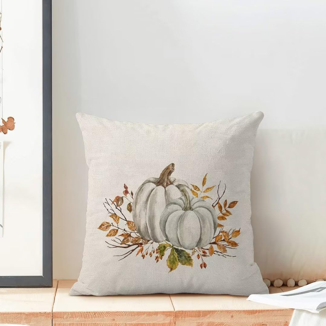 Juego de 2 fundas de almohada de otoño de 18 x 18 pulgadas, calabazas blancas y grises, flores naranjas, fundas de almohada de cosecha de Acción de