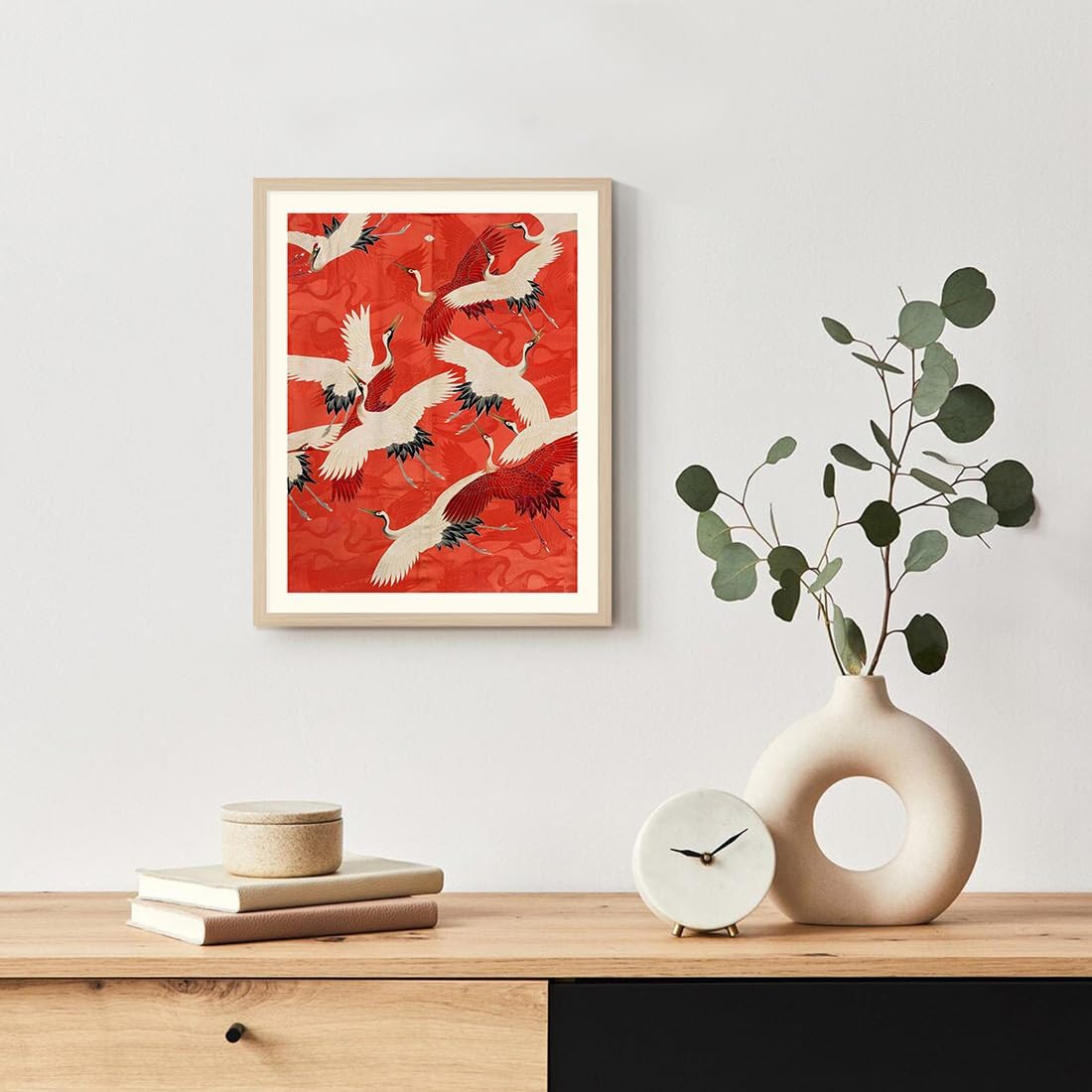C8BUSIS Lienzo enmarcado para pared, grúas coronadas rojas, impresiones artísticas de galería Grus Japonensis, arte japonés, decoración de pared,