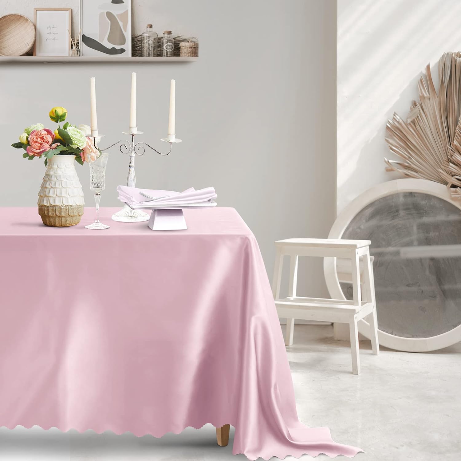 Mantel rectangular de satén rosa de 60 x 120 pulgadas, mantel festoneado (1 paquete), mantel rectangular de satén oblongo, resistente al agua,
