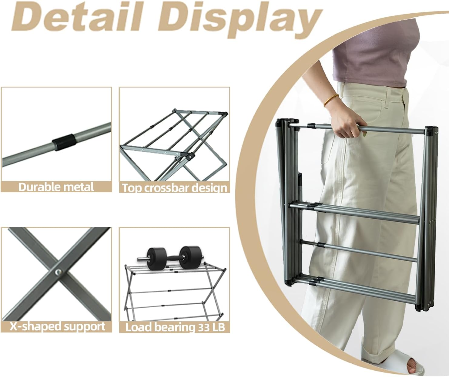 Estante de secado de ropa, estante plegable de 3 niveles, doble prevención de óxido, estante de lavandería móvil y expandible para el hogar al aire