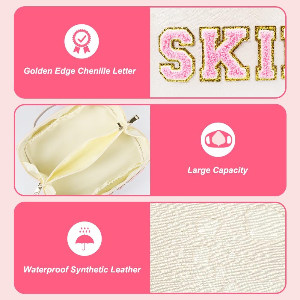 besharppin Bolsa de cosméticos de viaje de gran capacidad, bolsa de maquillaje plana abierta de cuero sintético para mujer, bolsa de aseo con letras