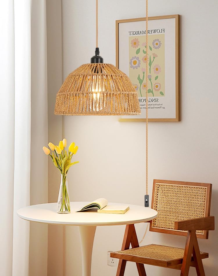 Worderdeng – Lámpara colgante de ratán enchufable, luces colgantes de 14.7 pies con estilo bohemio, lámpara colgante con pantalla de cuerda de