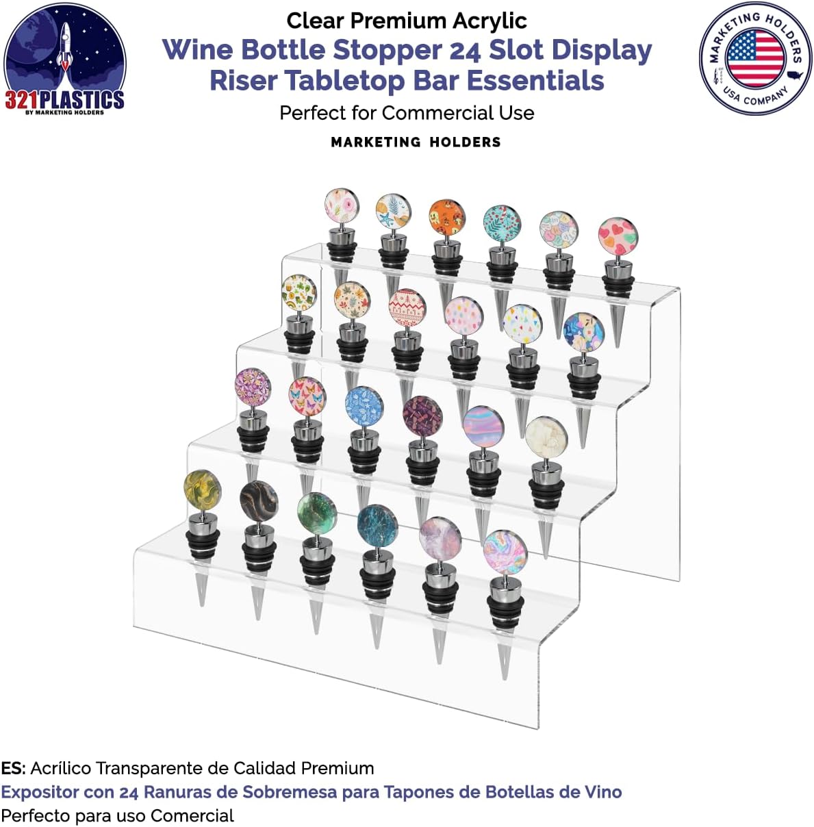 Marketing Holders Tapones de vino para botella de vino, soporte de exhibición de varios niveles con 24 ranuras con agujeros de 0.75 pulgadas de