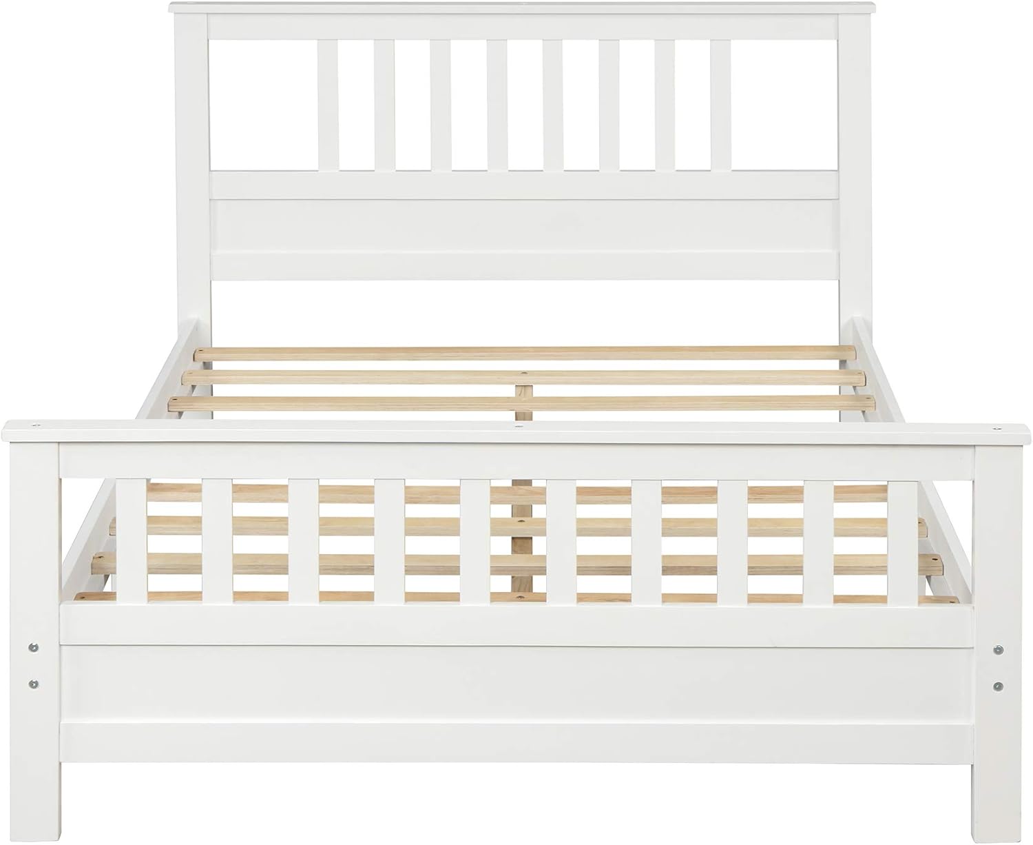Base de cama de plataforma blanca de tamaño matrimonial con cabecero y estribo, marco de cama matrimonial de madera con soporte de listones