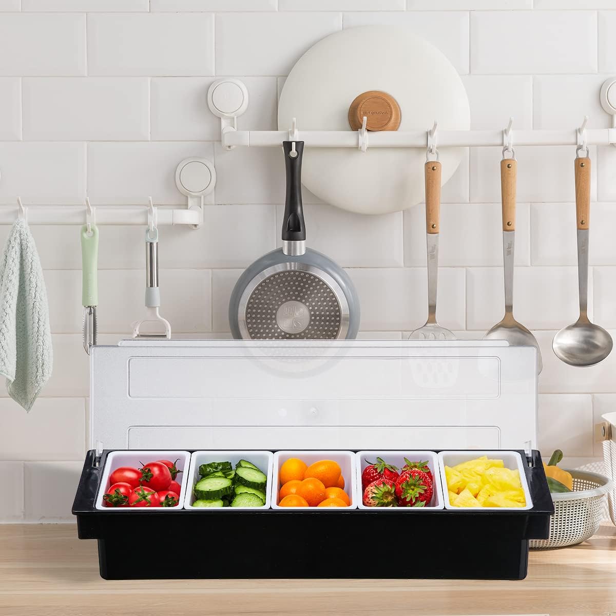 Ice Cooled Condiment Serving Container-6 Compartment Chilled Garnish Tray Bar Caddy with Hinged Lid (6 Compartments)