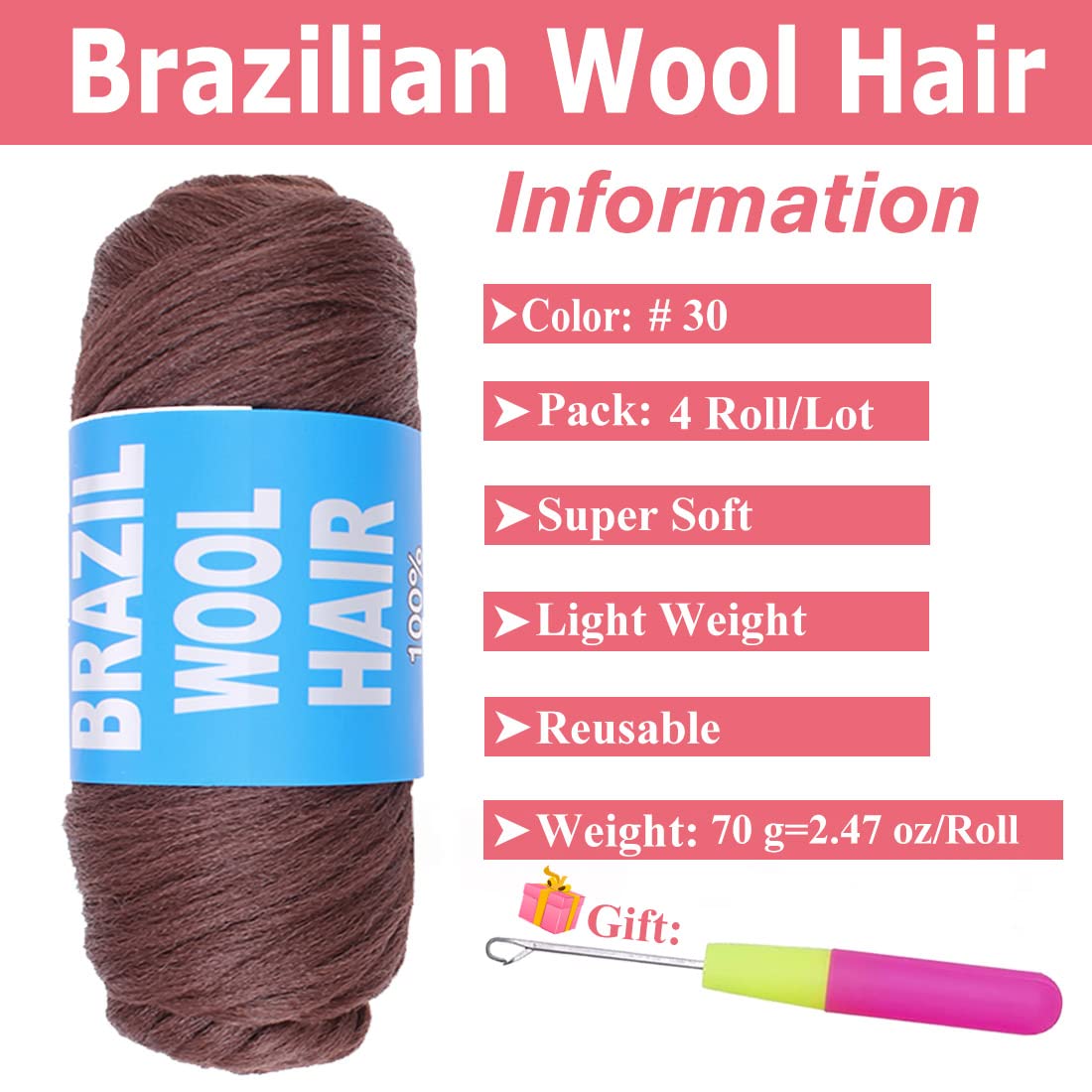 COOKOO 4 rollos de hilo acrílico de lana brasileña para cabello de ganchillo africano, trenzas sengalesas, trenzas jumbo, trenzas de pelo sintético,