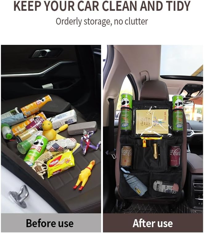 Organizador de asiento trasero de automóvil con soporte transparente para tableta, tela Oxford 600D, 9 compartimentos de almacenamiento, soporte