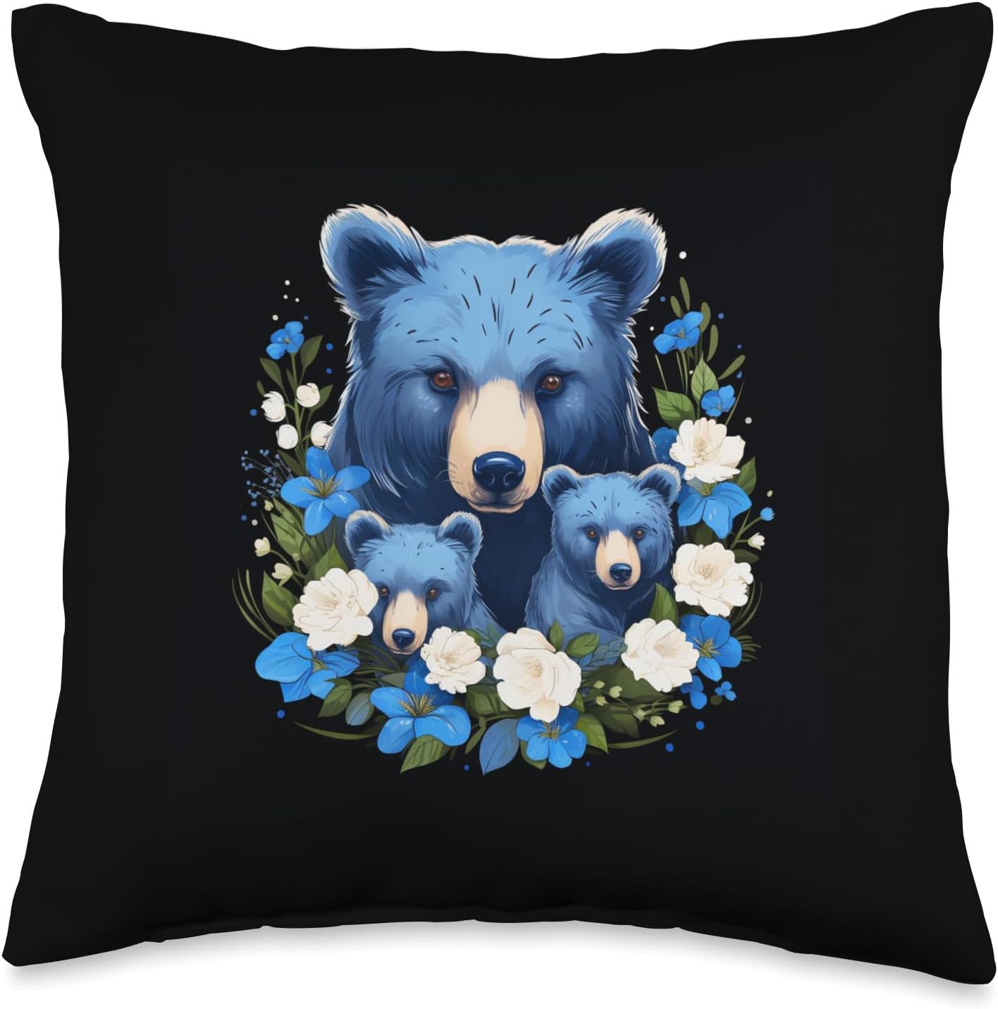 2 Kiddos Mama Bear 2 Cubs shoppa Almohada de mamá oso y dos cachorros con diseño floral azul para madre de 2 niños, 16 x 16 pulgadas, multicolor