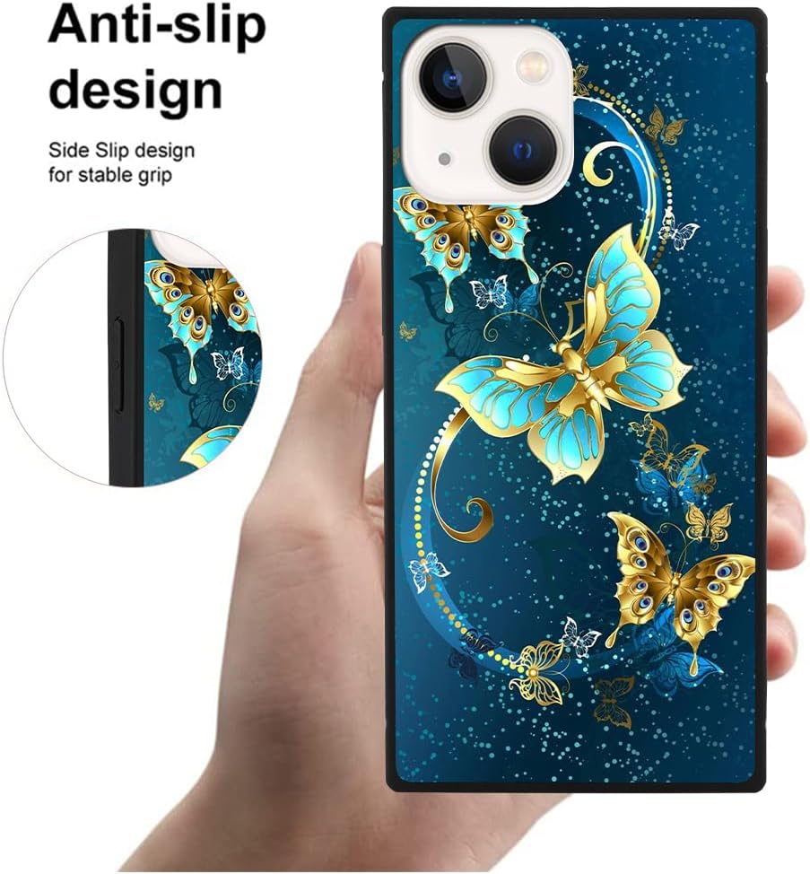 SAKUULO Funda para iPhone 15, protector de pantalla + soporte diseño cuadrado de bonito diseño de mariposa azul, protección de bordes de TPU suave,