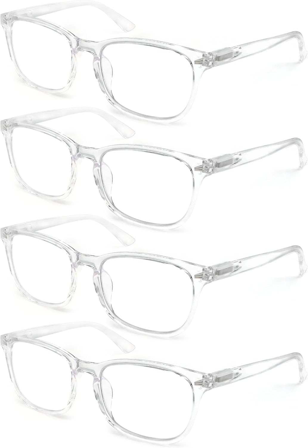 HAPJOYS Gafas de lectura transparentes para mujer, con bloqueo de luz azul, +0.50, lentes de tramposos cuadrados transparentes, paquete de 4