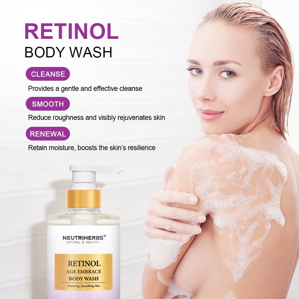 Neutriherbs Gel de ducha con retinol, antienvejecimientorenovador para mujeres y hombres, jabón de ducha diario con péptidos, vitamina E, aloe vera,