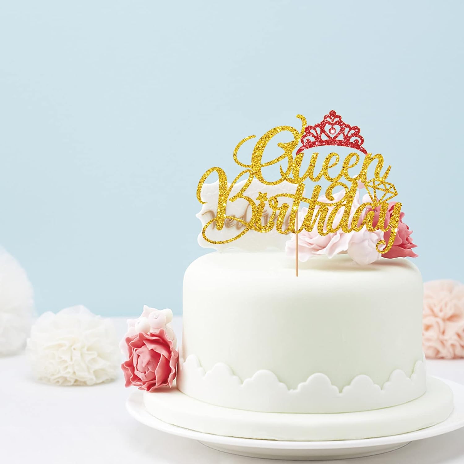 Decoración de pastel de cumpleaños Gold Queen para mujer, decoración de fiesta de cumpleaños, decoración de corona con purpurina roja, decoración de