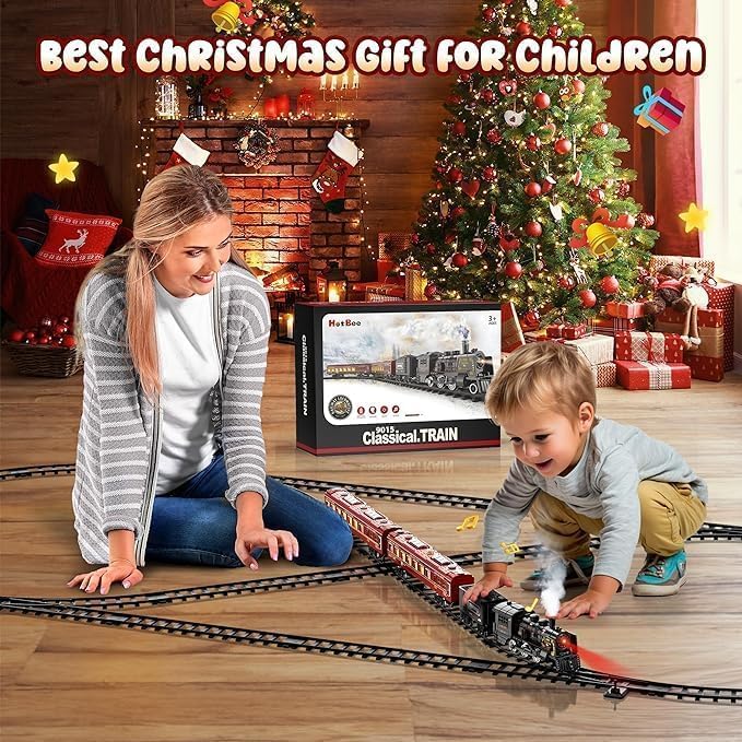 Hot Bee Juego de tren, juguetes de tren con pistas de lujo, tren de juguete de metal, autos de pasajeros brillantes, trenes eléctricos con humo,