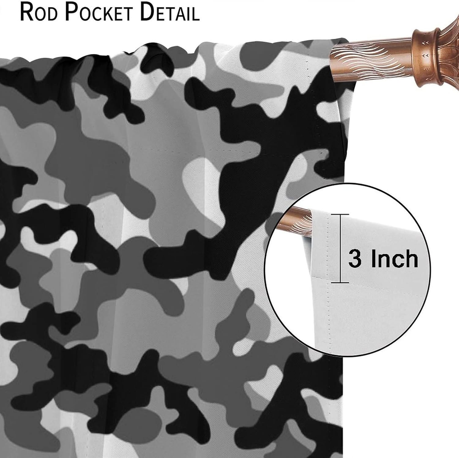 Cortinas de camuflaje gris militar, arte de camuflaje negro, blanco, gris, cortinas opacas con bolsillo para barra, para dormitorio, sala de estar,