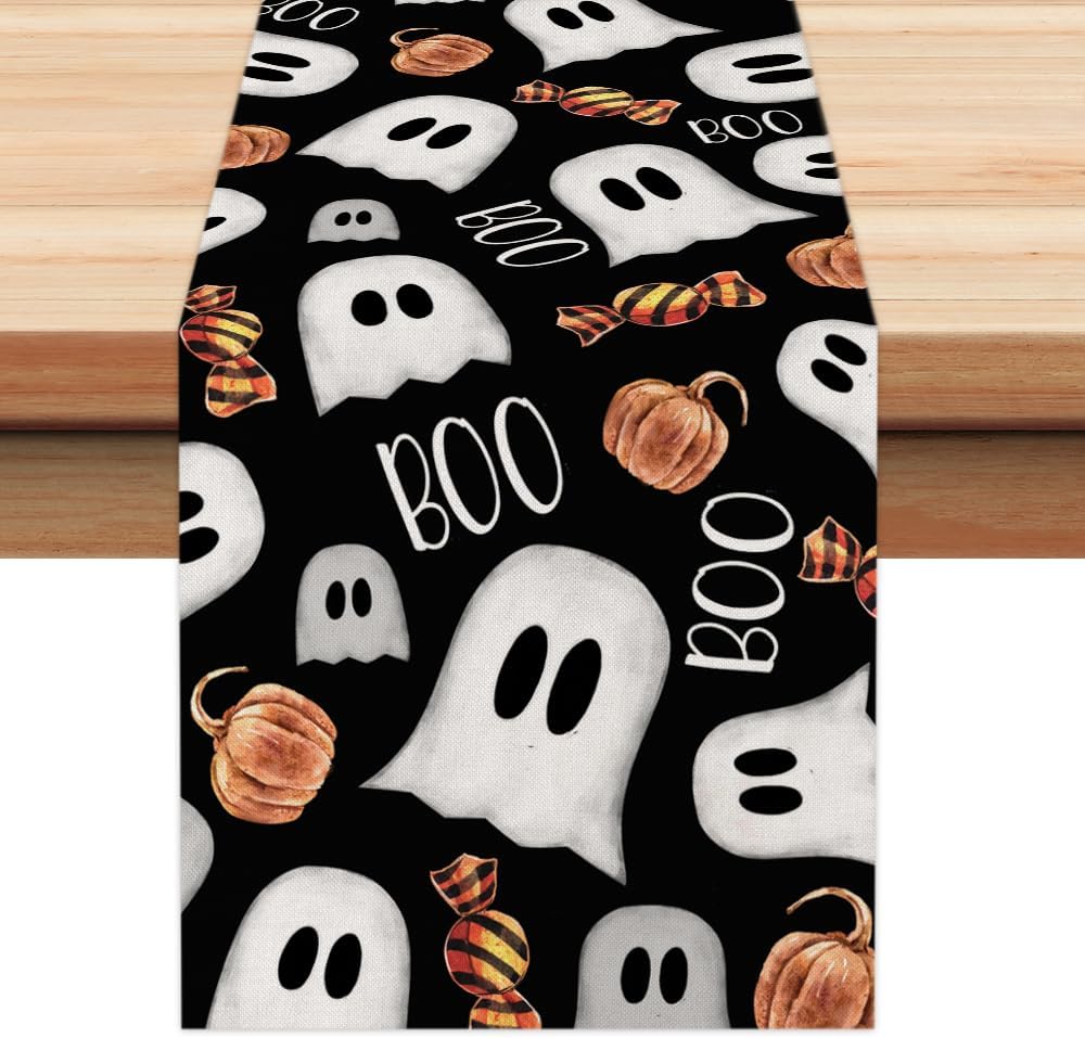 ARKENY Camino de mesa de Halloween de 13 x 36 pulgadas, calabaza espeluznante fantasma Candy Boo, arpillera de temporada para interiores, cocina,