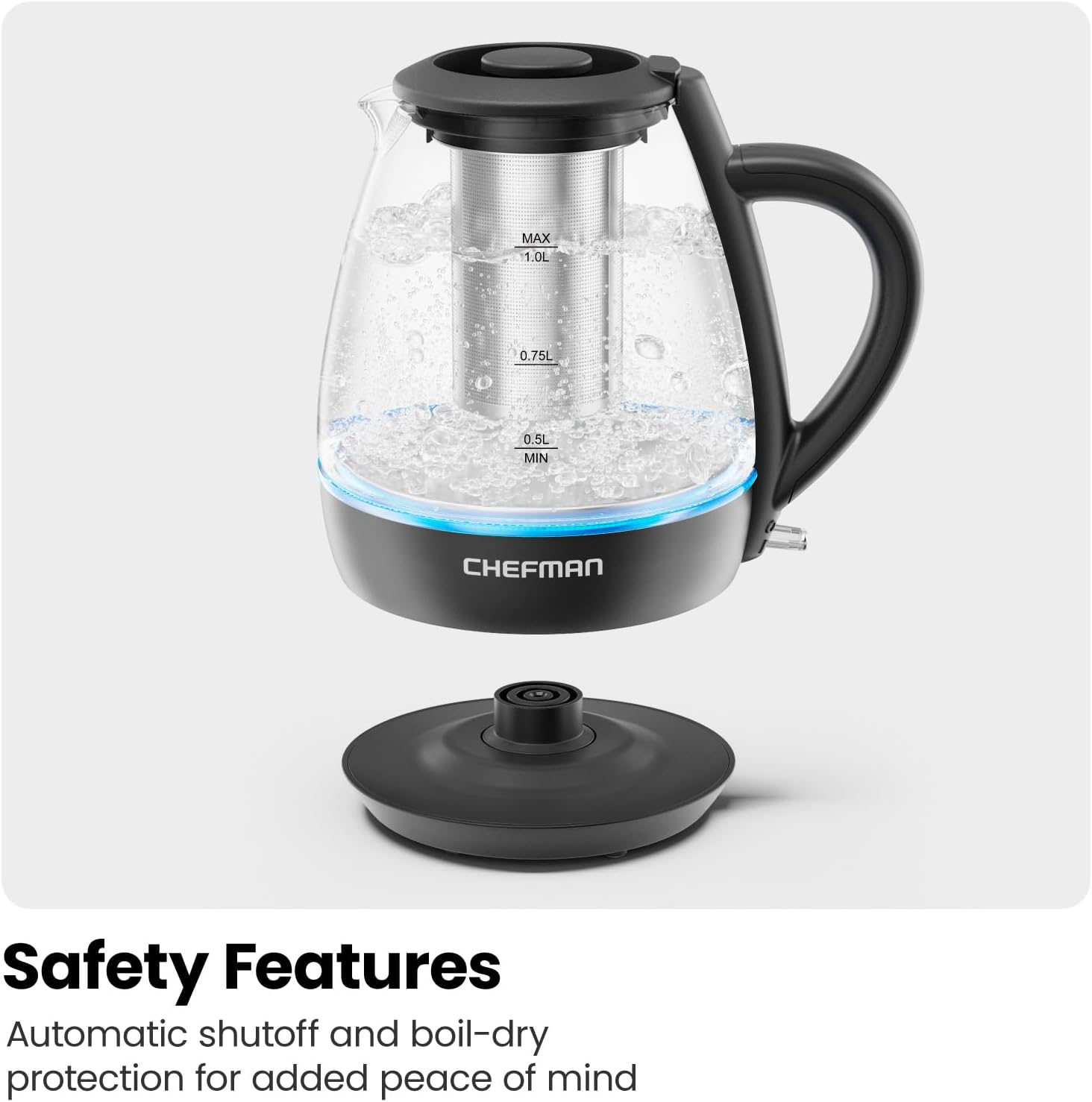 Chefman Hervidor eléctrico con infusor de té, 1 litro, 1500 W, tapa extraíble para una fácil limpieza, protección contra hervido y seco, filtro de