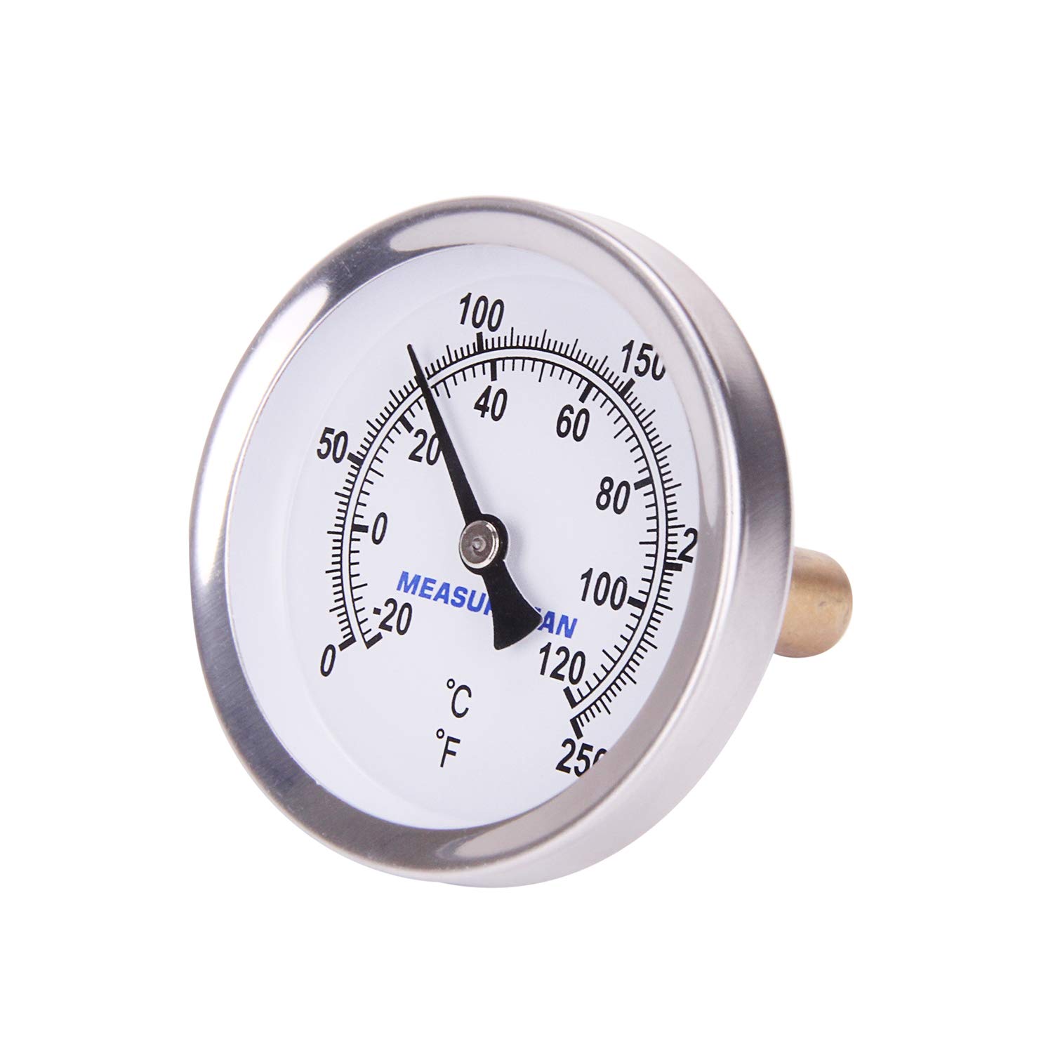 MEASUREMAN Termómetro bimetálico de agua caliente, 2-12″ dial, 1-34″ vástago de latón sin plomo, rango 0-250 grados F-20-120 grados C, 2% de