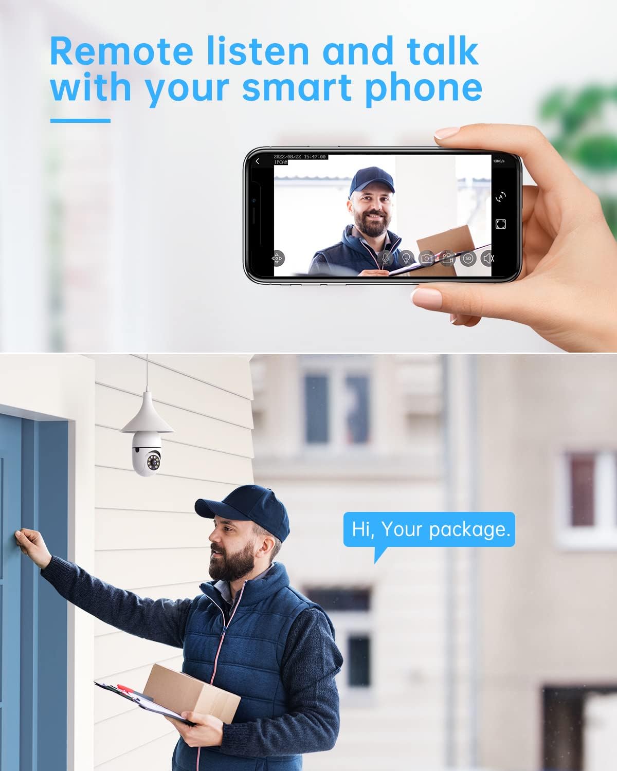SAFEVANT Bombilla de cámara de seguridad WiFi para exteriores, 1080P inteligente de 360 grados con rosca de 360 grados con audio bidireccional a