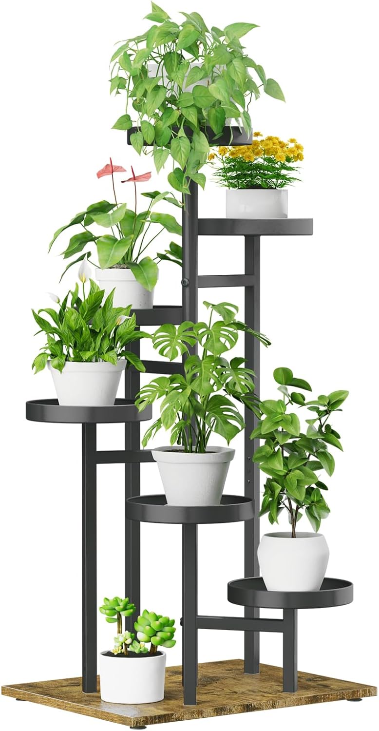 Soporte alto para plantas de 6 niveles para interiores, soporte de esquina de metal para múltiples plantas, estante de madera escalonado para