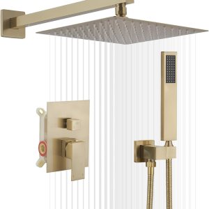 Homevacious Sistema de ducha de oro cepillado, cabezal de ducha de lluvia de 10 pulgadas con rociador de mano montado en la pared para baño, Homevacious Sistema de ducha de oro cepillado, cabezal de ducha de lluvia de 10 pulgadas con rociador de mano montado en la pared para baño,