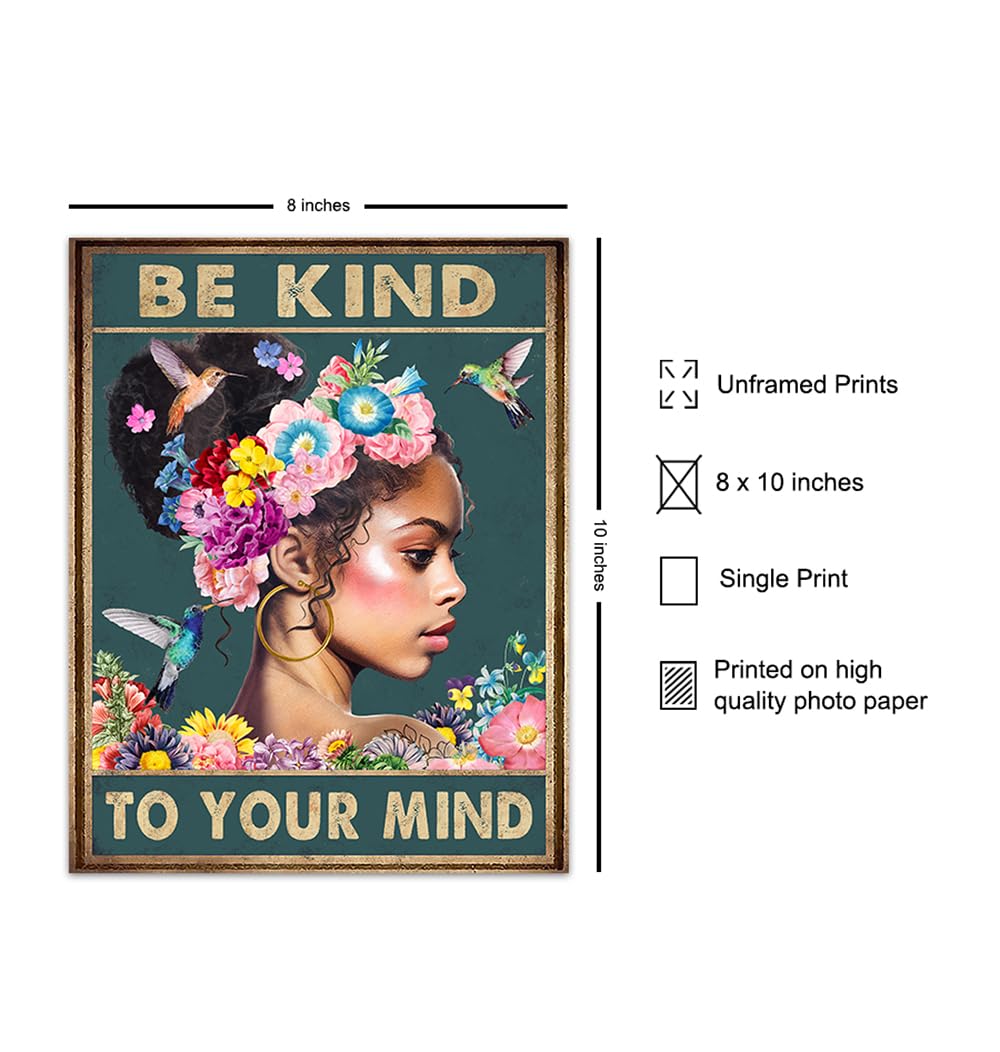 Black Women African Americans Wall Art – Black Girl – Be Kind to Your Mind Inspirational Quotes – Hummingbirds Mental health Wall Art Poster – Zen