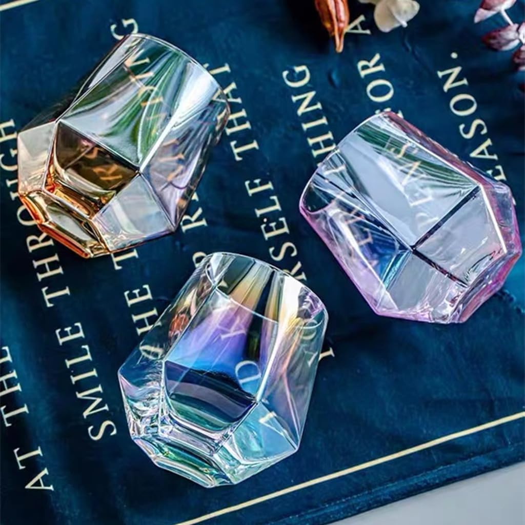 Juego de copas de vino de 1 (10 onzas), copas de vino sin tallo de diamante, cristalería iridiscente, vasos de whisky de cristal, perfectos para una