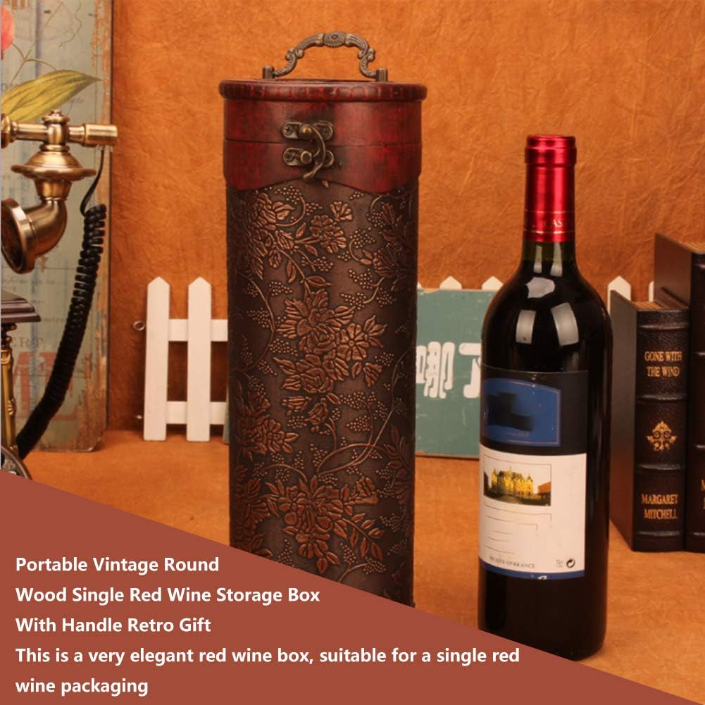 Caja de almacenamiento de regalo de vino tinto de 13.4 in, botellas individuales de madera, retro, funda de transporte decorativa, barril redondo
