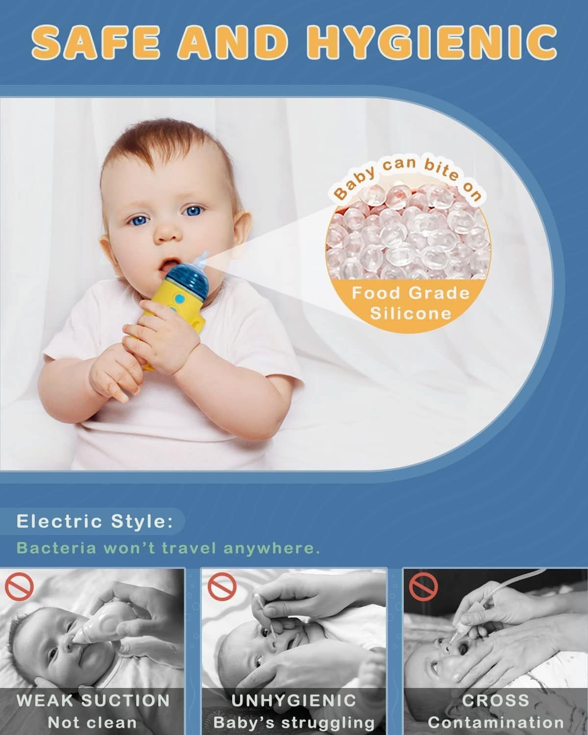 Aspirador nasal eléctrico para bebé, niño pequeño, chupón de nariz ultrasilencioso, succionadores de nariz de silicona para bebés, con 3 puntas de