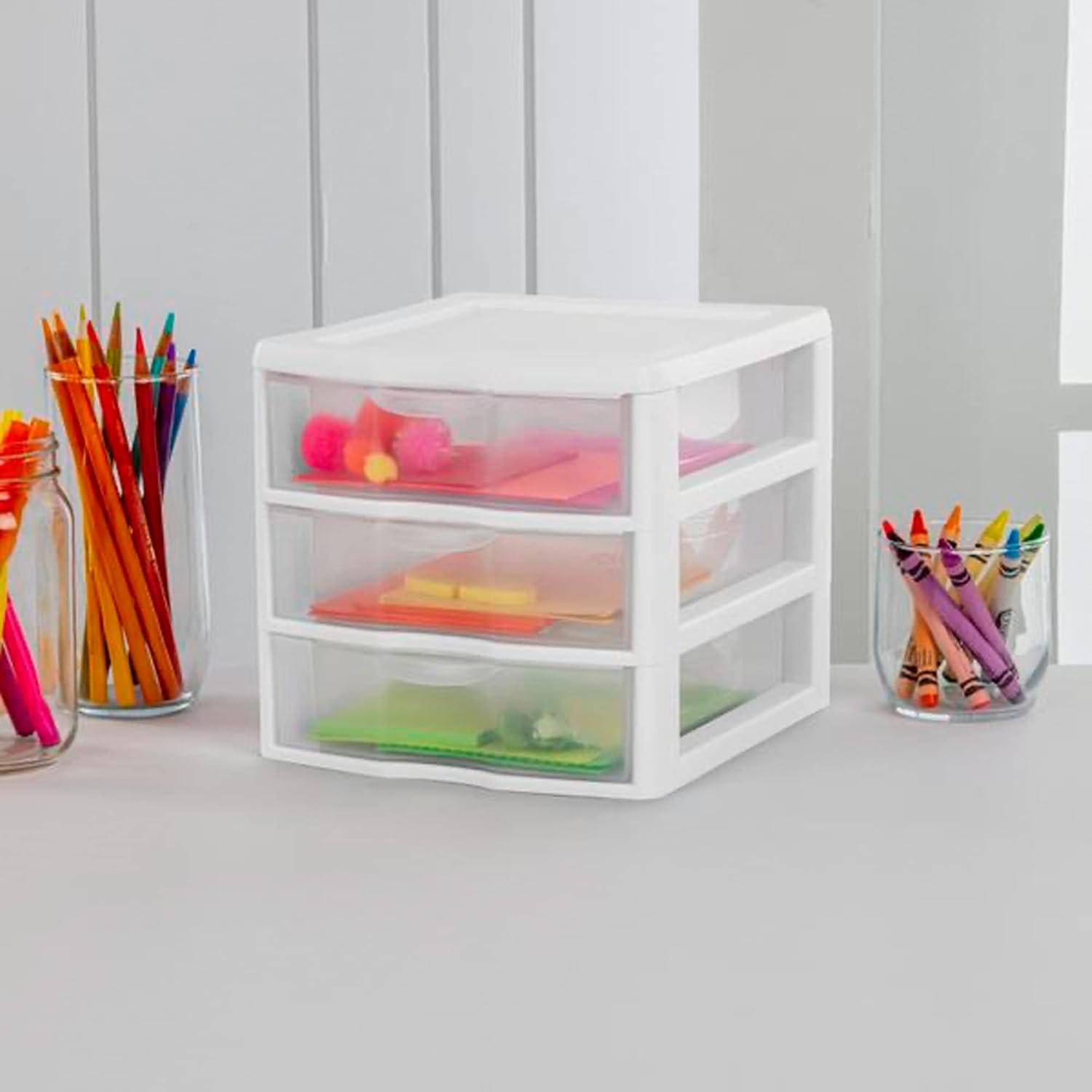 Sterilite Clearview – Unidad de almacenamiento de escritorio de plástico multiusos de 3 cajones para el hogar, aulas u espacios de oficina, color