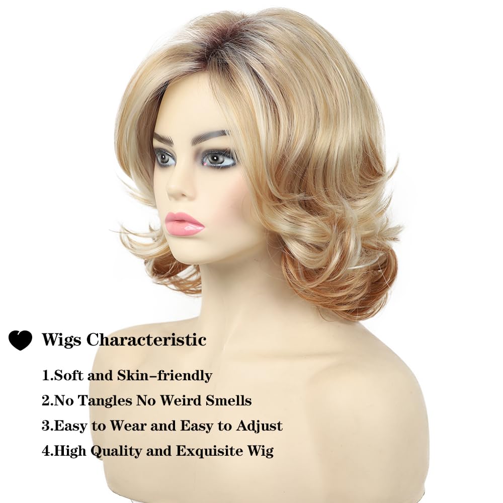 Beimer Peluca corta rubia rizada estilo Bob para mujer, longitud hasta el hombro, peluca ondulada con raíces oscuras en capas, peluca sintética de